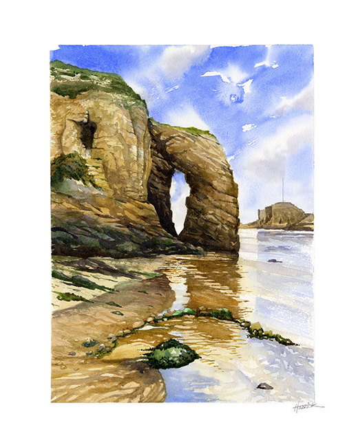 Original watercolour painting of Perranporth, North Cornwall by Huldrick.
