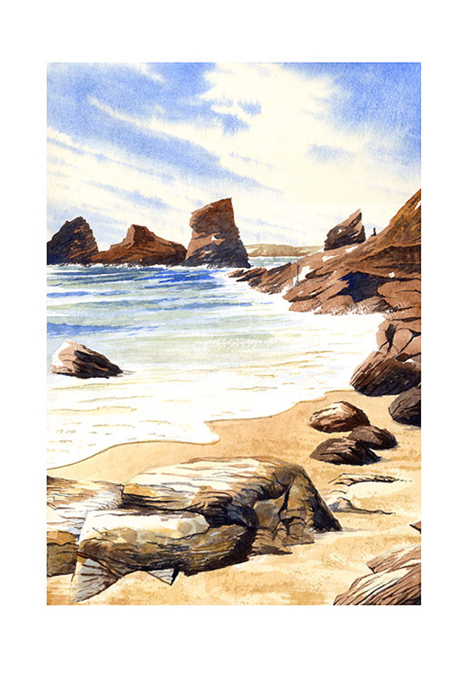 Original watercolour of Bedruthan Steps, North Cornwall by Huldrick
