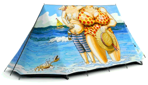 Fieldcandy 'Wish you were here' saucy seaside postcard style tent design by Huldrick.