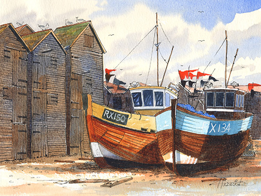 Original watercolour of Hastings Stade by Hastings artist Jon 'Huldrick' Wilhelm.