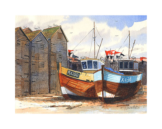 "The Old Timers". Limited edition print of Hastings trawlers by Hastings artist Huldrick.